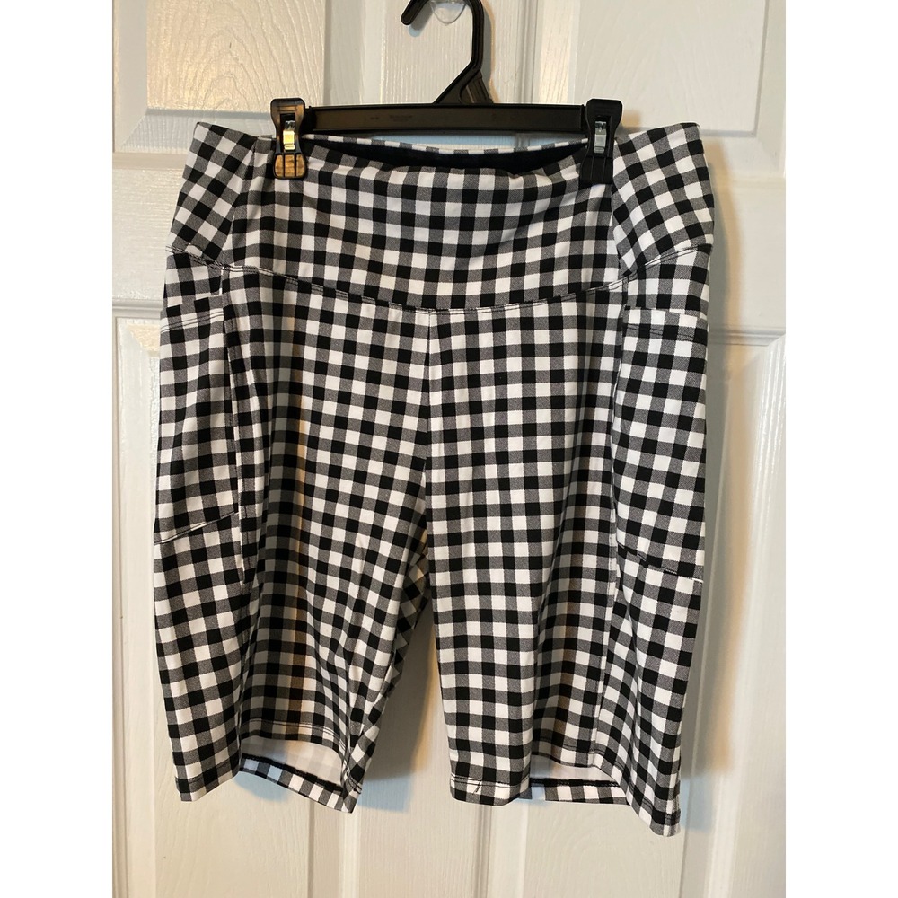 Teez-Her Womens Gingham High Waisted Biker Shorts Black White Pockets XL